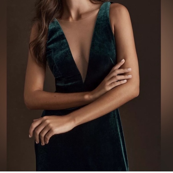 Jenny Yoo Woman’s Forrest Green Velvet Logan Mesh V Neck Maxi Formal Gown Dress - Picture 9 of 13